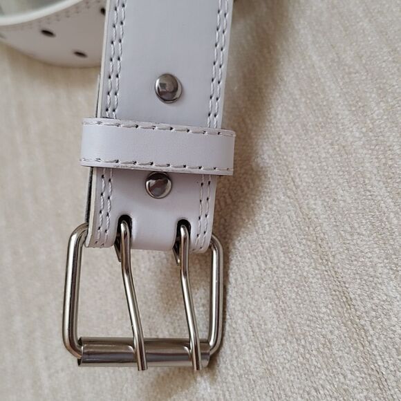 Genuine Leather Double Prong White Belt Unisex - Picture 2 of 8